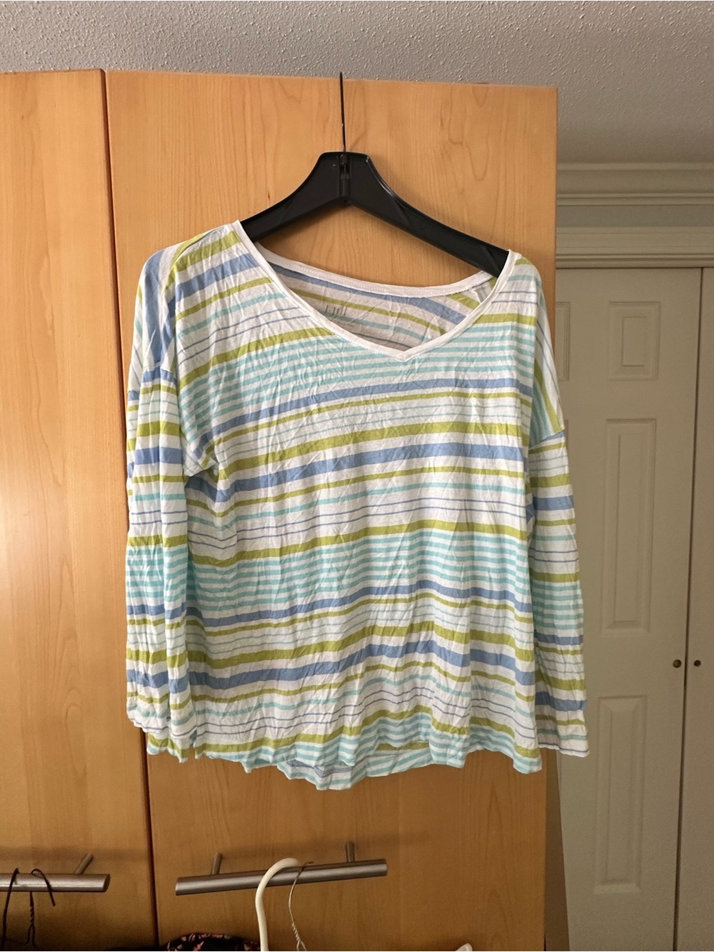 J Jill soft Women's Striped V-Neck Long Sleeve Top - Blue, Green & White